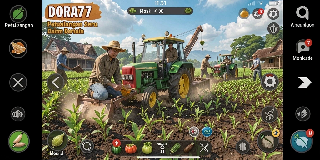 Tampilan gameplay DORA77 dengan ladang subur dan tanaman yang beragam.