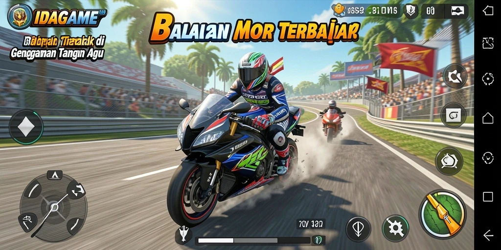 Tampilan gameplay menarik dari IDAGAME dengan motor balap berkecepatan tinggi.