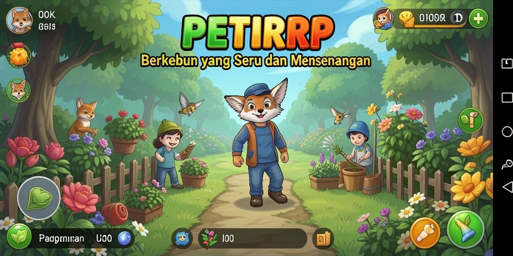 Tampilan gameplay PETIRRP dengan kebun yang indah dan beragam tanaman.