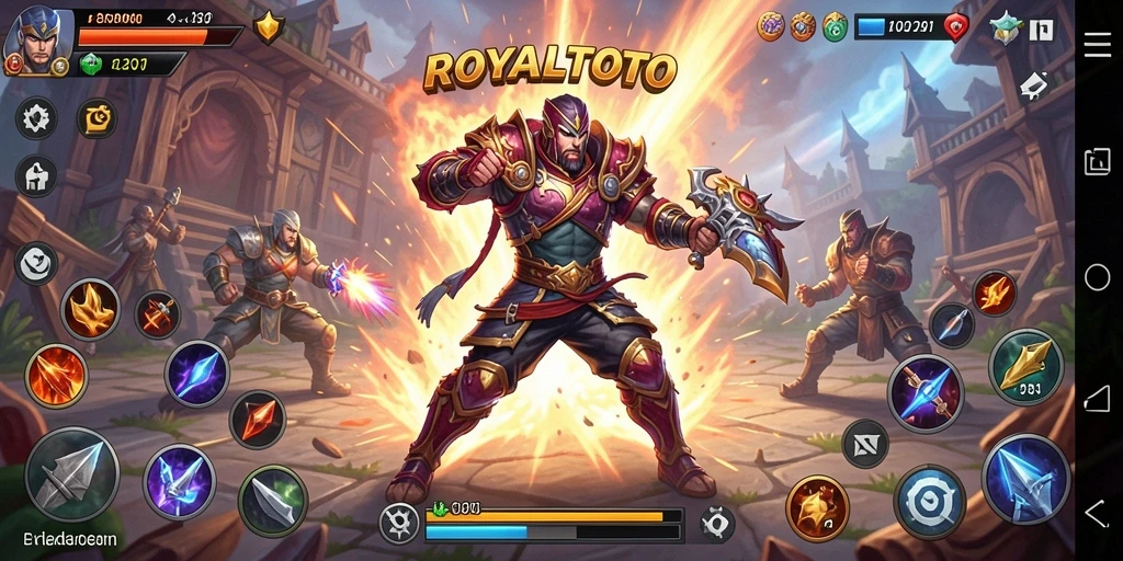 Tampilan gameplay seru dari ROYALTOTO menunjukkan karakter bertarung di arena.