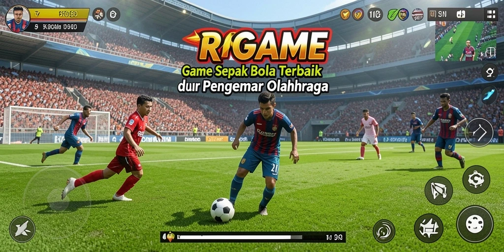 Screenshot RPGAME menampilkan aksi seru pertandingan sepak bola.