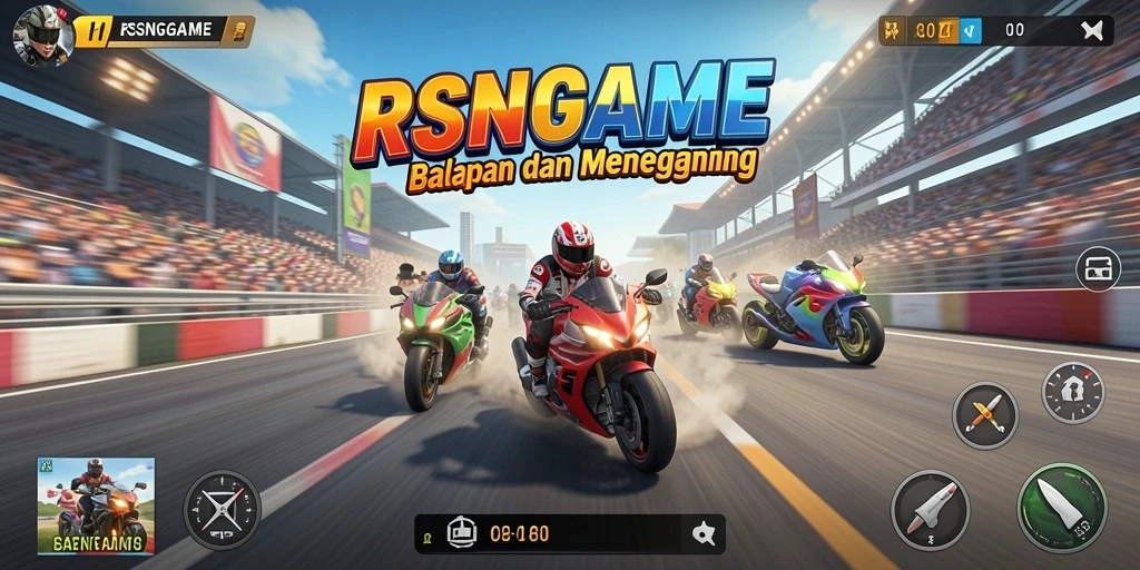 Screenshot gameplay RSNGAME dengan aksi balapan seru dan mobil cepat.